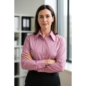 Button Up Shirt Womens‎ L Pink Long Sleeve Polyester Knit Vintage Spread Collar